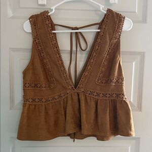Brown Lace Trim Sleeveless Top